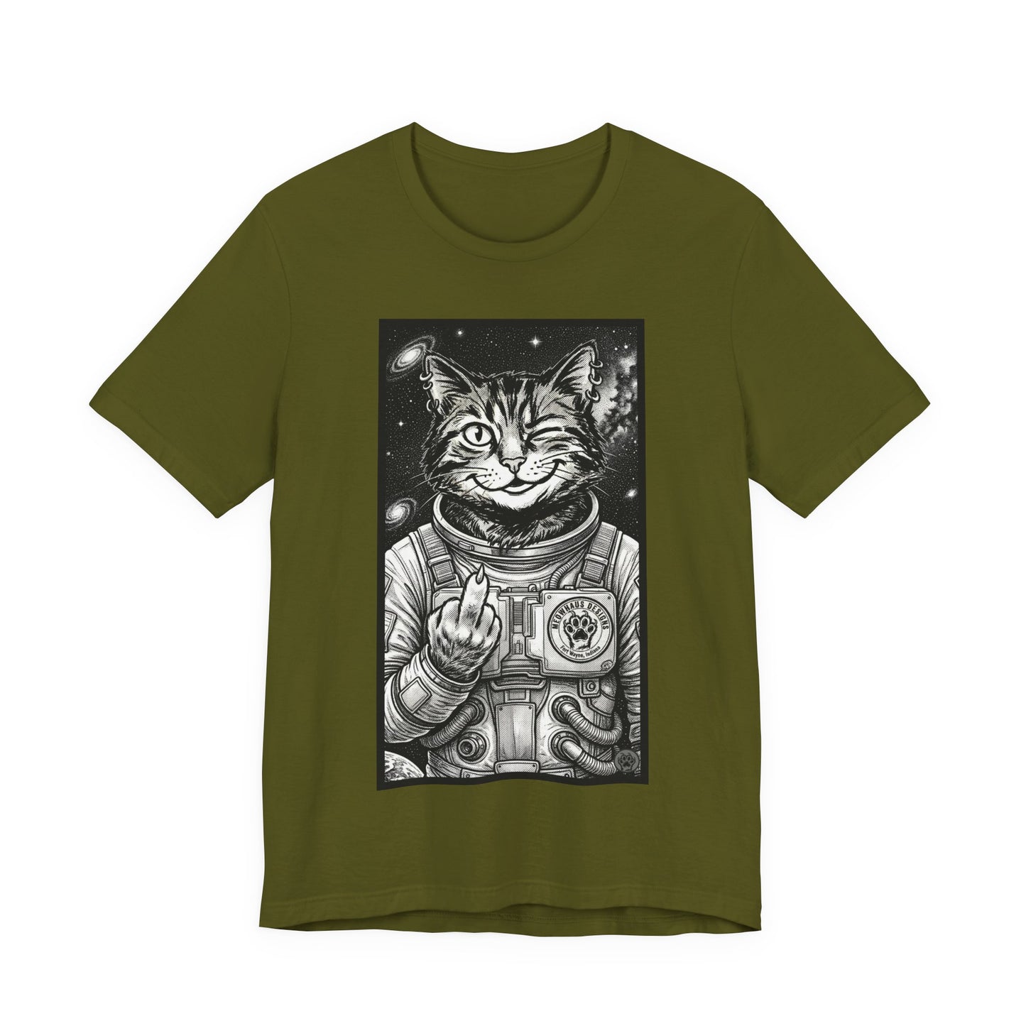 WinkyCat - The Astronaut (Giving Snarky Gesture) Cat Tee — Retro Space Cat Graphic T-Shirt