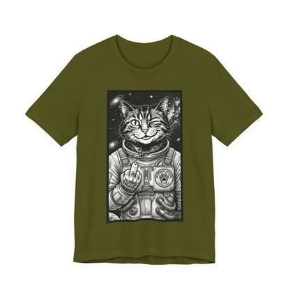 WinkyCat - The Astronaut (Giving Snarky Gesture) Cat Tee — Retro Space Cat Graphic T-Shirt