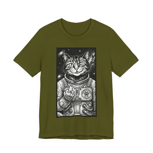 WinkyCat - The Astronaut (Giving Snarky Gesture) Cat Tee — Retro Space Cat Graphic T-Shirt