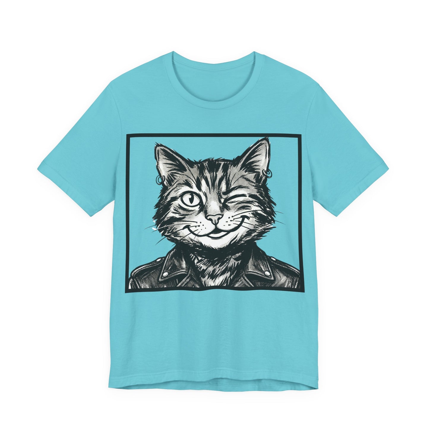 WinkyCat - Leather Jacket (NO Gesture) - Winking Cat Portrait Tee – Retro Rocker Biker Cat Graphic T-Shirt