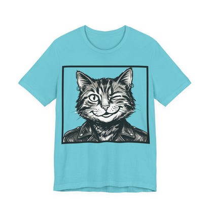 WinkyCat - Leather Jacket (NO Gesture) - Winking Cat Portrait Tee – Retro Rocker Biker Cat Graphic T-Shirt