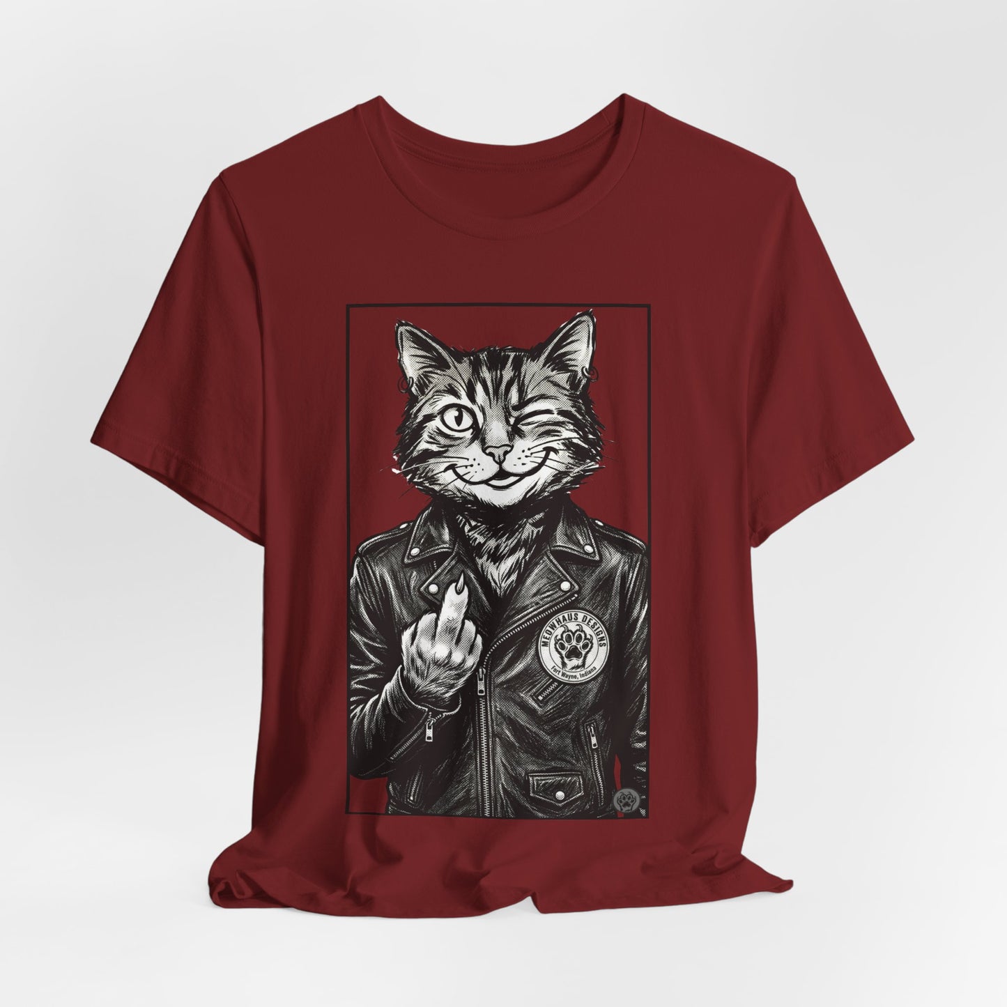WinkyCat - Leather Jacket & Snarky Gesture - Cat Biker Tee — Grinning Cat in Leather Jacket Graphic T-Shirt