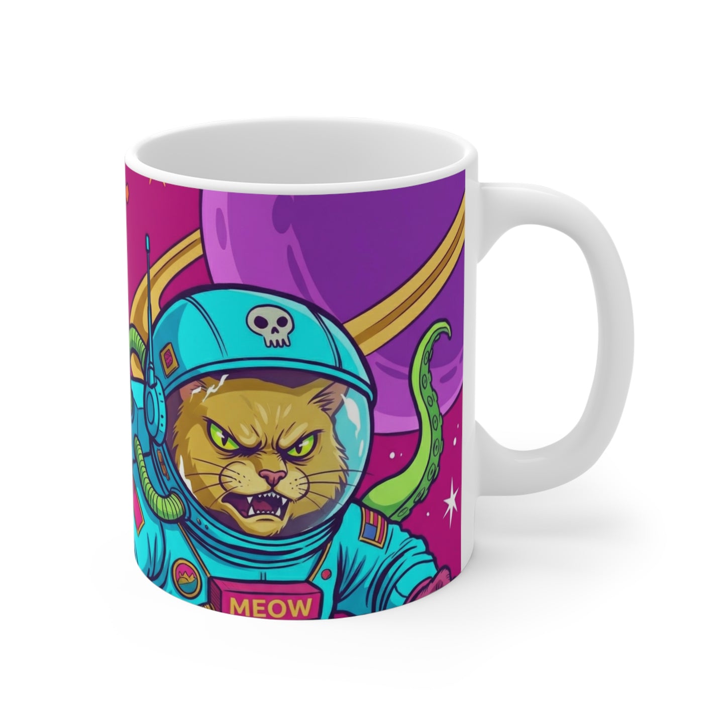 AlienCat Astronaut - Full Color - 11oz Mug Right Handle - Space Cat Astronaut Mug — Colorful Cosmic Kitty Coffee Tea Cup