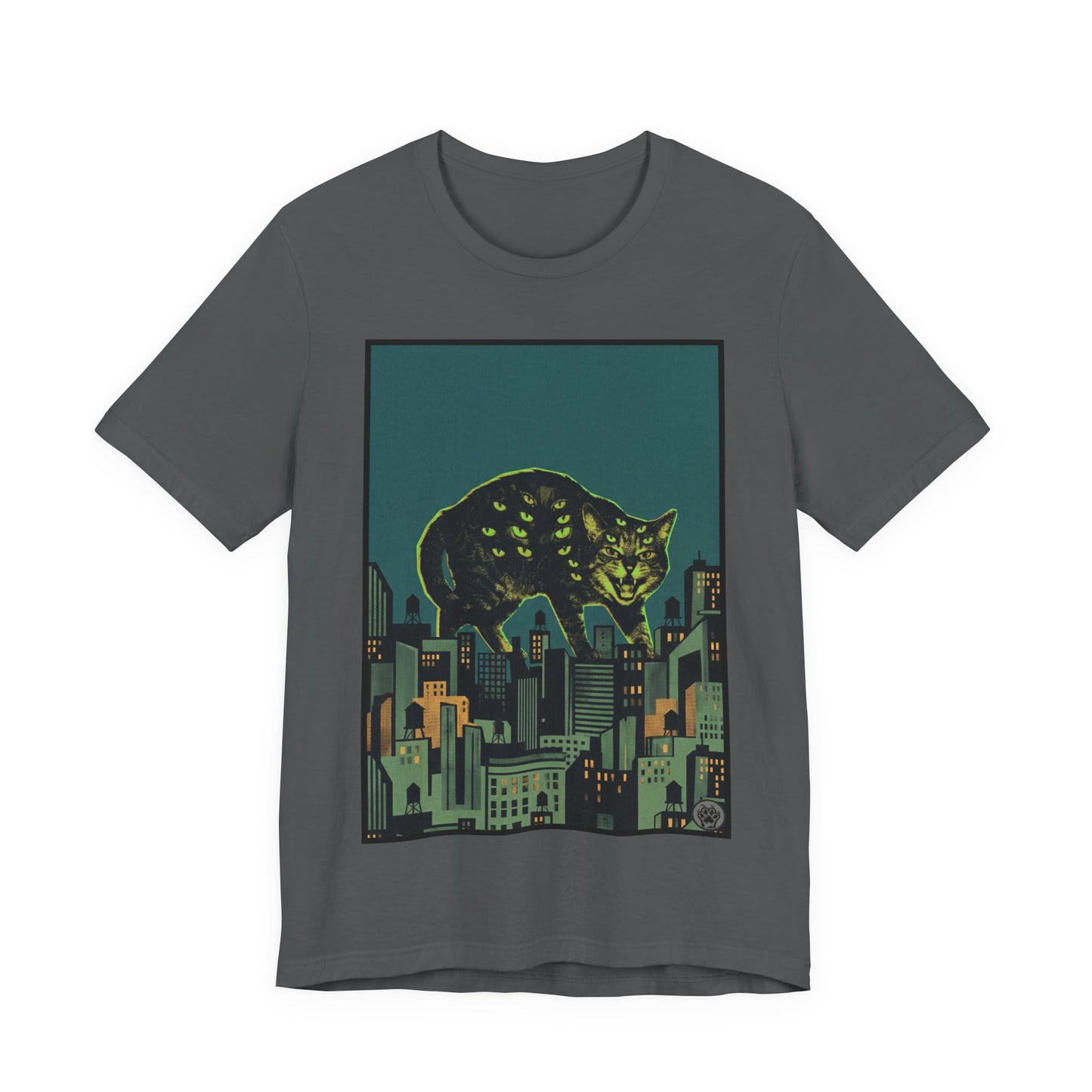 City Cat Attacks! - Green Collage Poster Original - Giant Night Cat Cityscape Tee