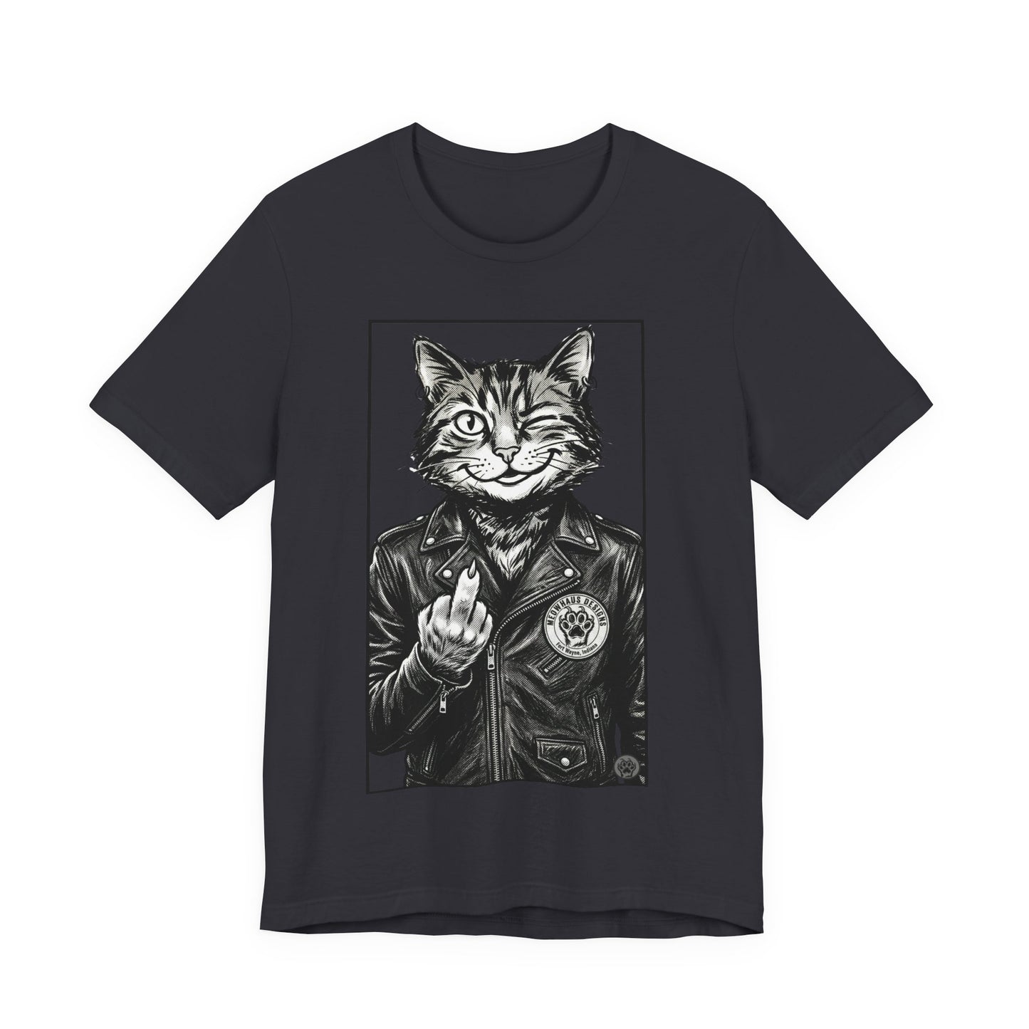 WinkyCat - Leather Jacket & Snarky Gesture - Cat Biker Tee — Grinning Cat in Leather Jacket Graphic T-Shirt