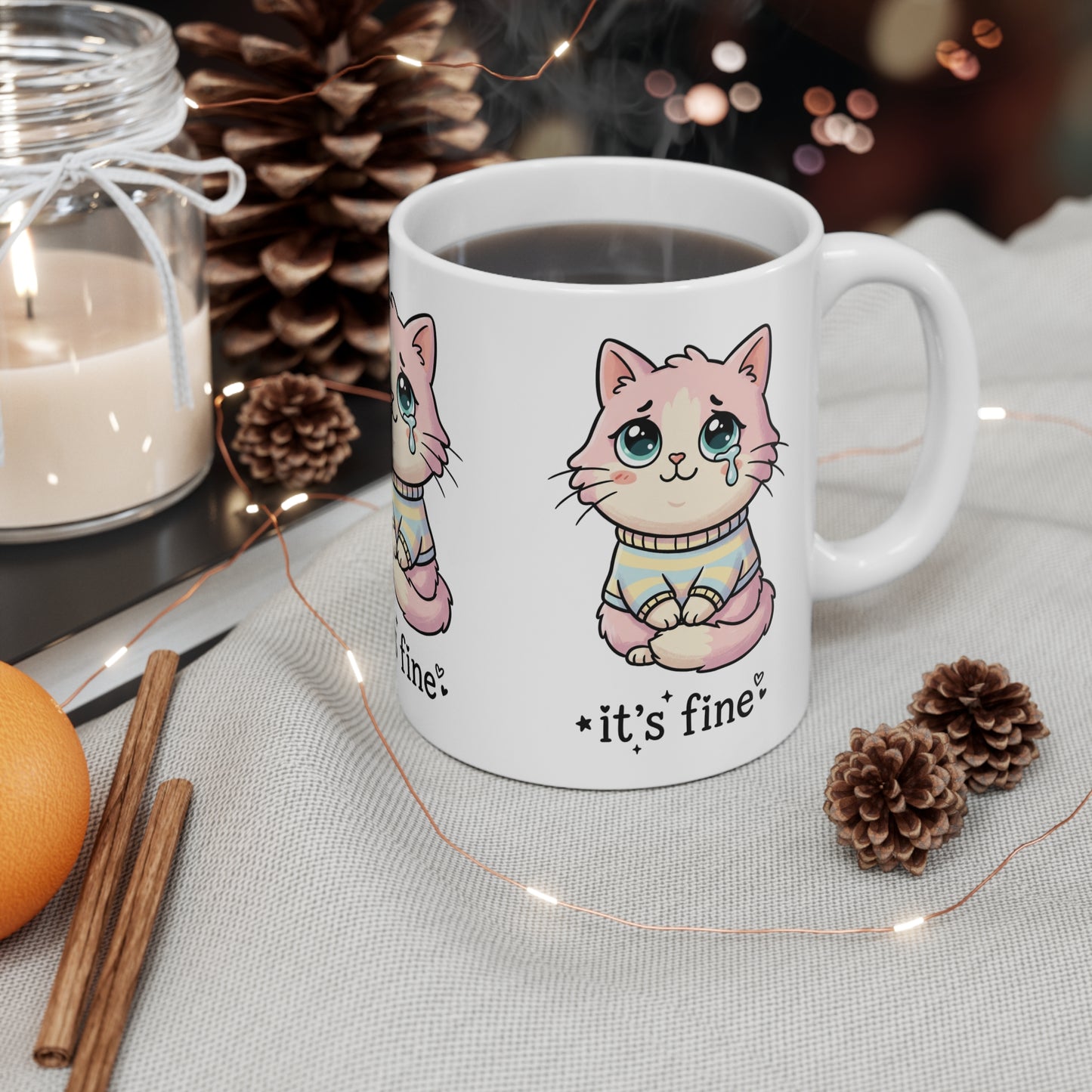 VOID - It's Fine Cat Mug — Cute Pastel Crying Cat 11oz Coffee Cup