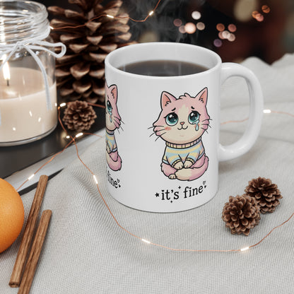 VOID - It's Fine Cat Mug — Cute Pastel Crying Cat 11oz Coffee Cup