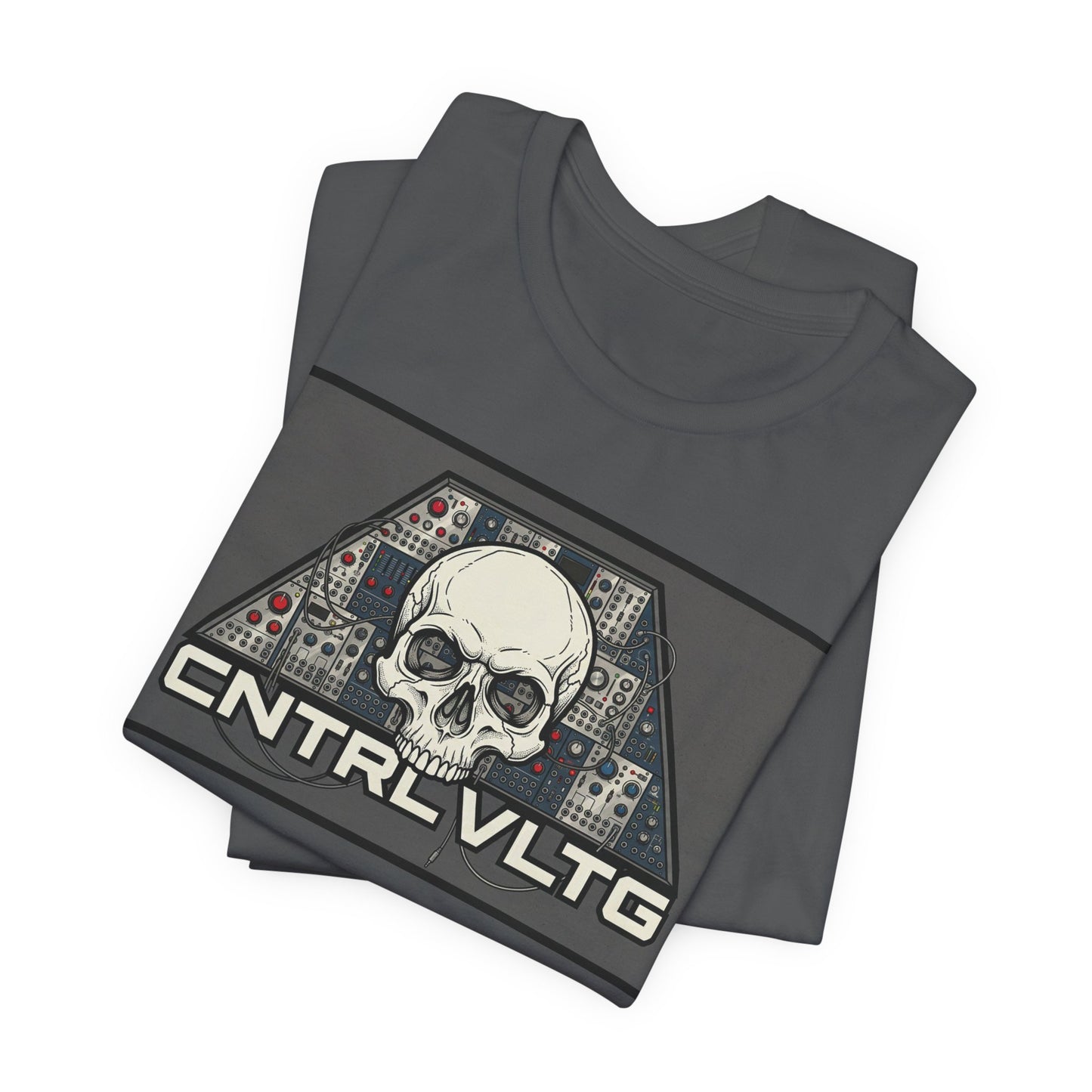 CV Control Voltage - TriBase Grey - Skull Modular Synth Analog Circuit 'CNTRL VLTG' Graphic Tee - Retro Tech Skull T-Shirt