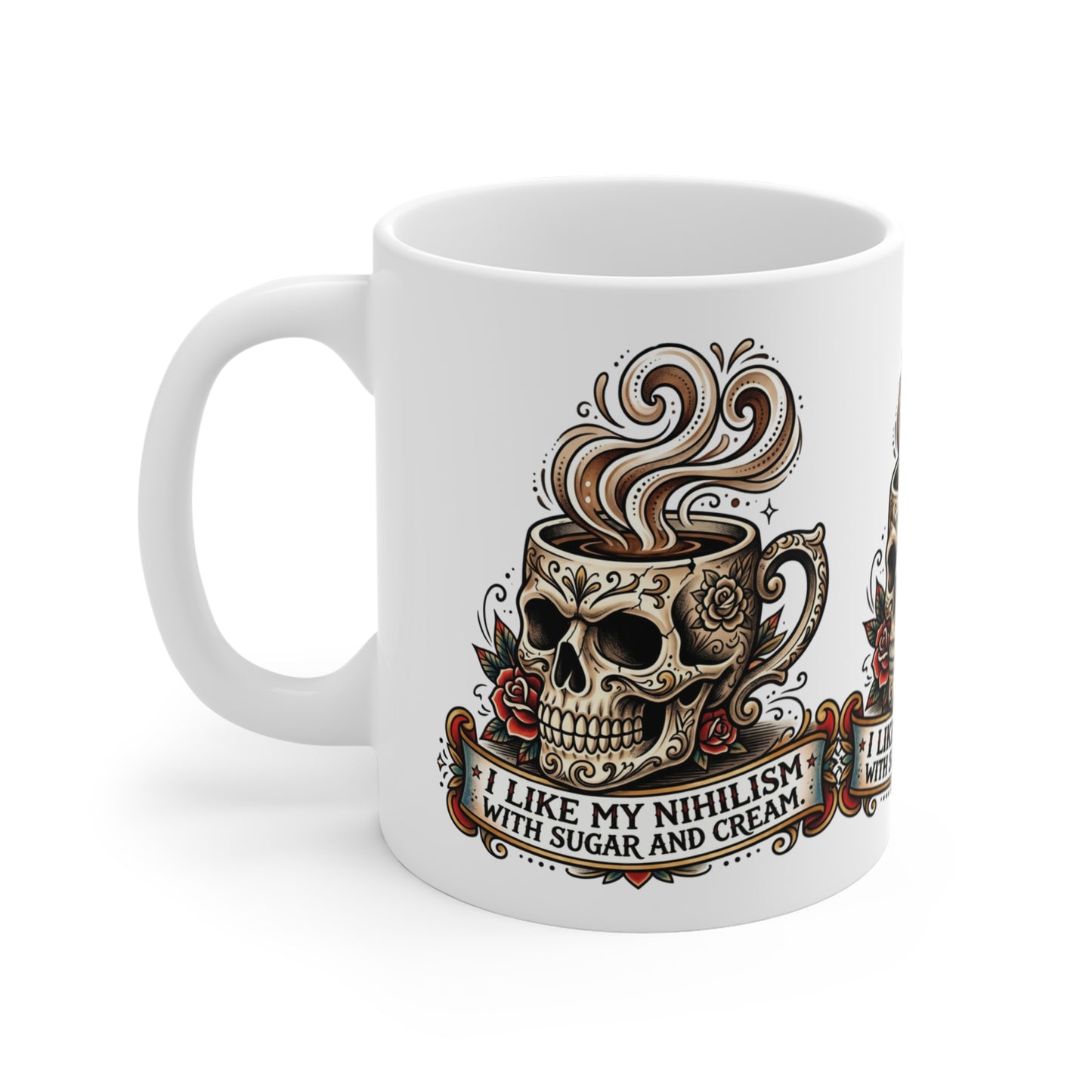 VOID - Vintage Tattoo Skull Coffee Mug - “I Like My Nihilism With Sugar and Cream” 11oz