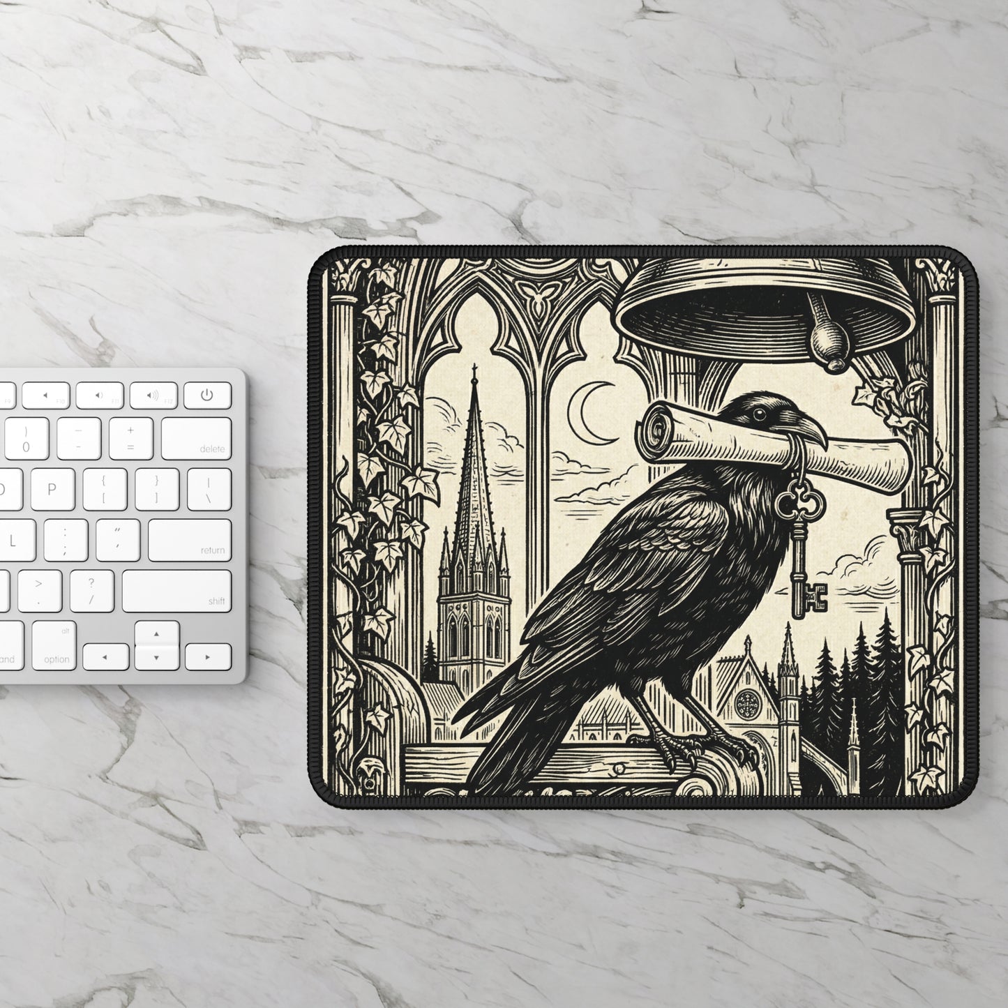 DarkArts - Raven 1 - Raven & Key Mouse Pad — Gothic Cathedral Gaming Desk Mat