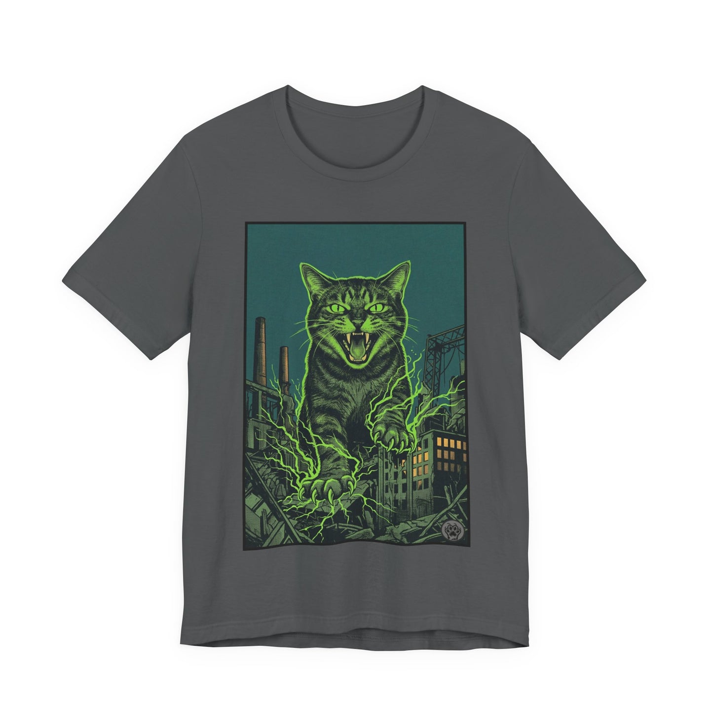 City Cat Attacks!  Green Electricity Giant Neon Cat Rampage T‑Shirt — Retro Monster City Graphic Tee
