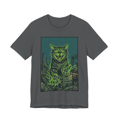City Cat Attacks!  Green Electricity Giant Neon Cat Rampage T‑Shirt — Retro Monster City Graphic Tee