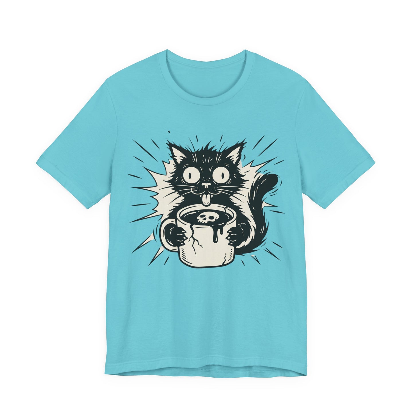 VOID - Cat & Coffee Tee — Cute Crazy Cat Holding Mug Graphic T-Shirt