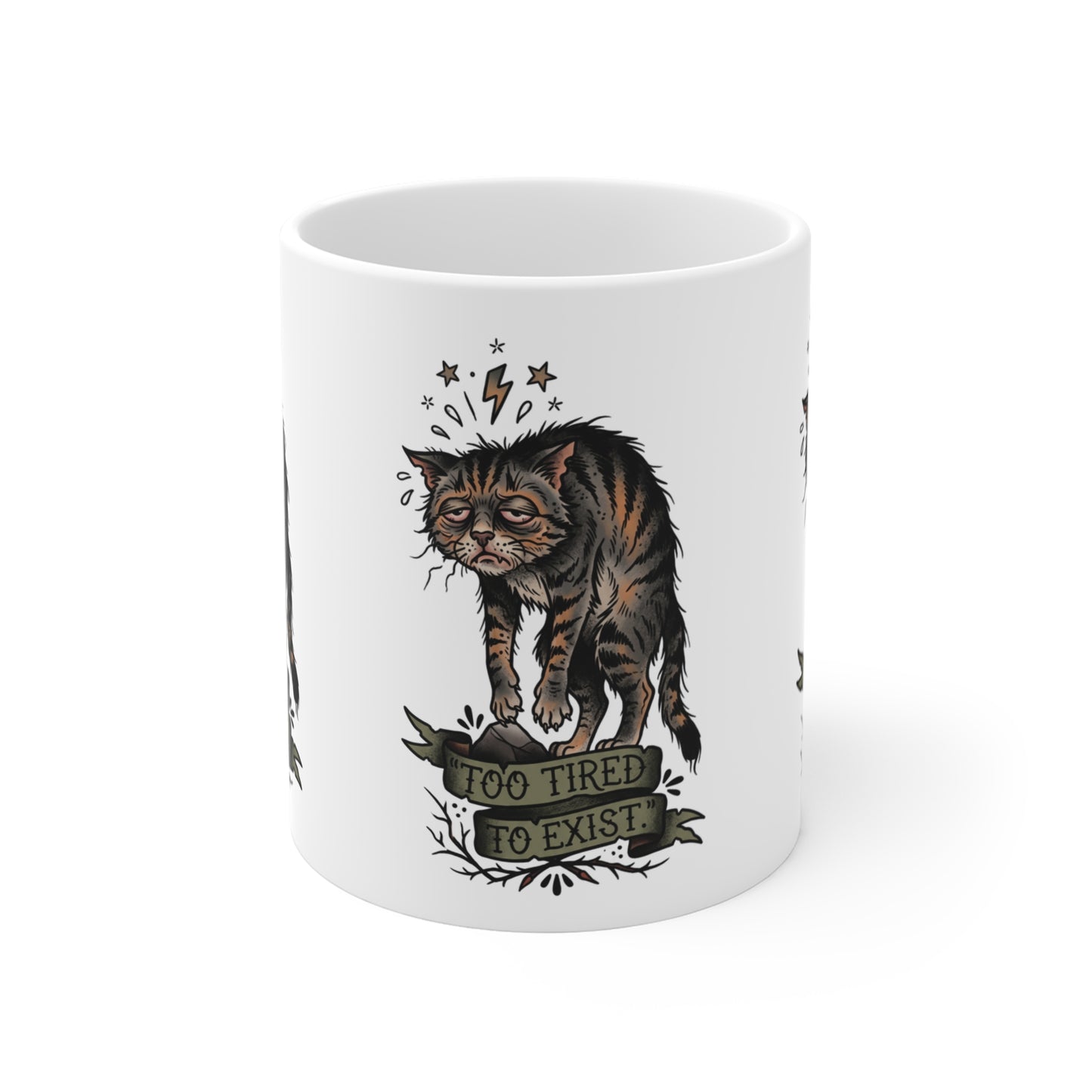 VOID - 11oz Mug — Vintage Tired Cat Illustration “Too Tired to Exist”