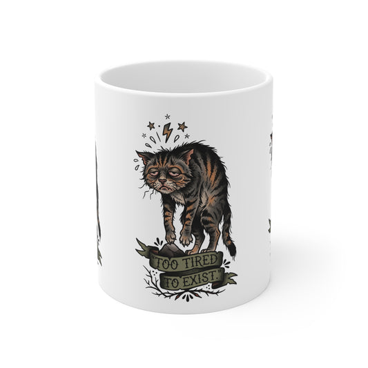VOID - 11oz Mug — Vintage Tired Cat Illustration “Too Tired to Exist”