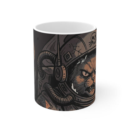 AlienCat Astronaut - Dark - 11oz Mug Right Handle — Space Cat Astronaut with Octopus Tentacles Coffee Cup