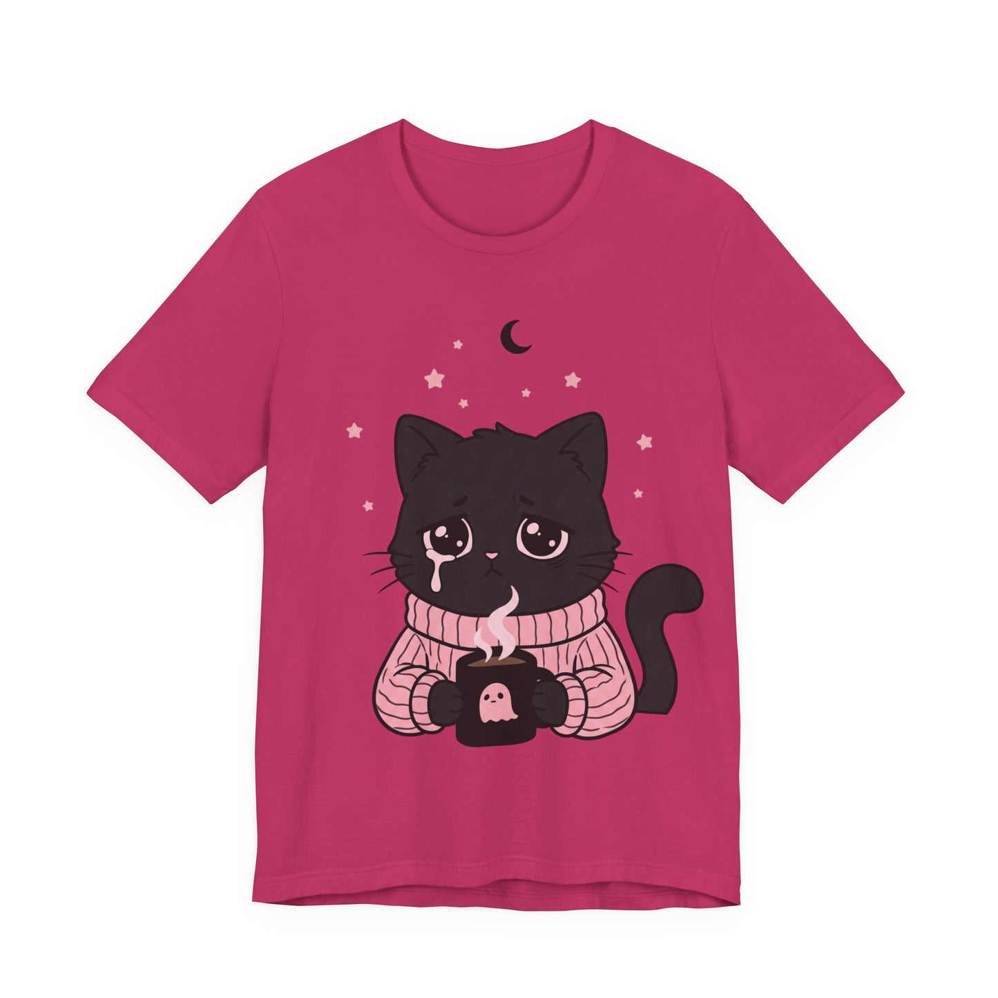 VOID - Cute Sad Black Cat Holding Hot Coffee T‑Shirt — Cozy Pink Sweater Kitty Tee