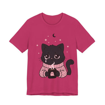 VOID - Cute Sad Black Cat Holding Hot Coffee T‑Shirt — Cozy Pink Sweater Kitty Tee