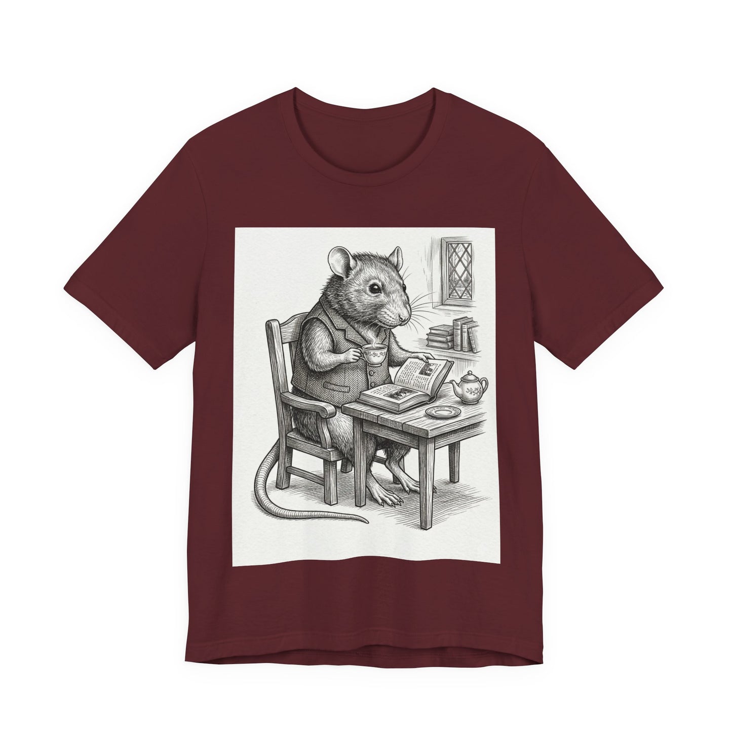 Ratney - "Cup of Tea & A Good Book" - Rodent Scholar T‑Shirt — Vintage Style Illustration of a Reading Rat with Tea