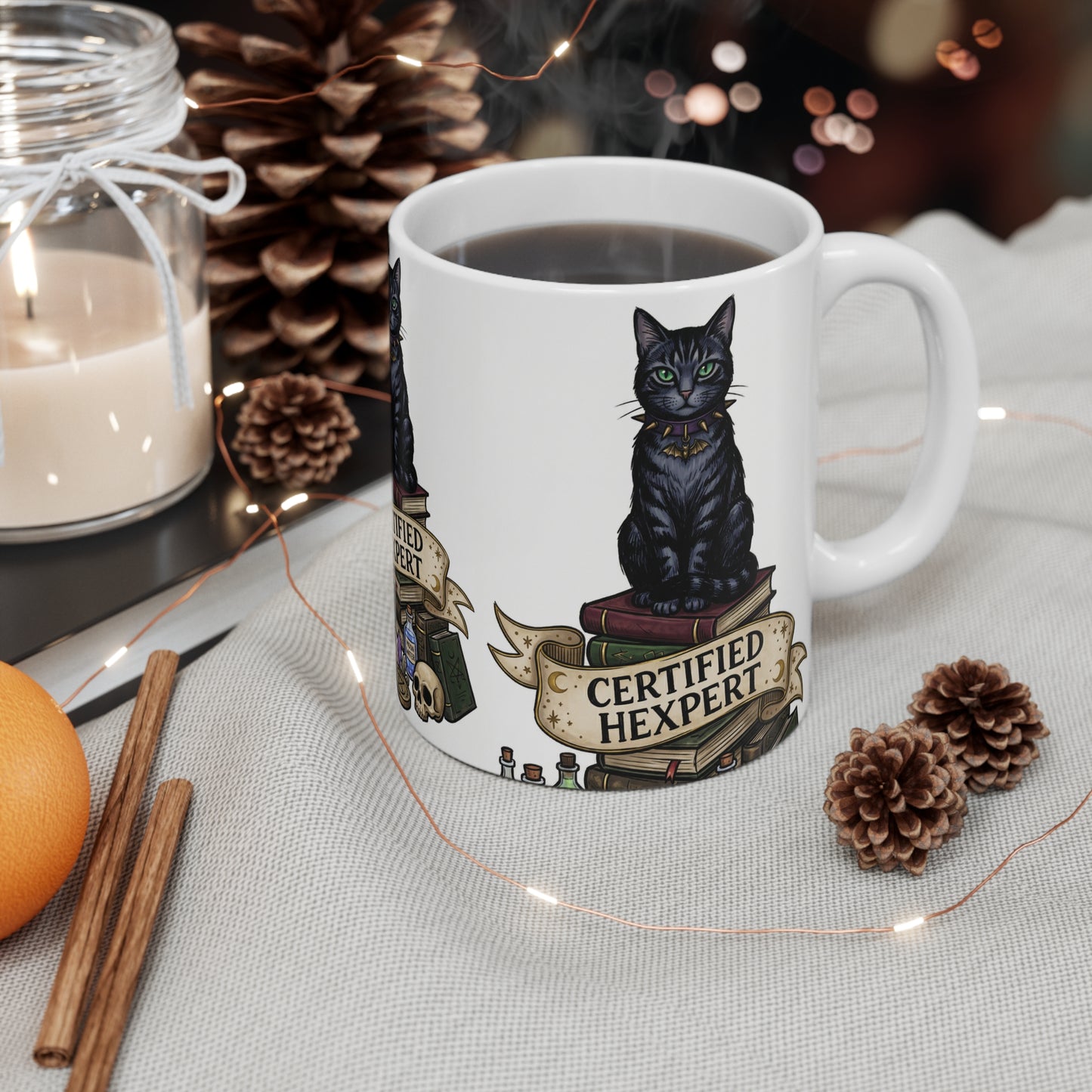 Certified Hexpert - 11oz Mug Ambi Handle — Black Cat Witchcraft Coffee Cup (11oz)