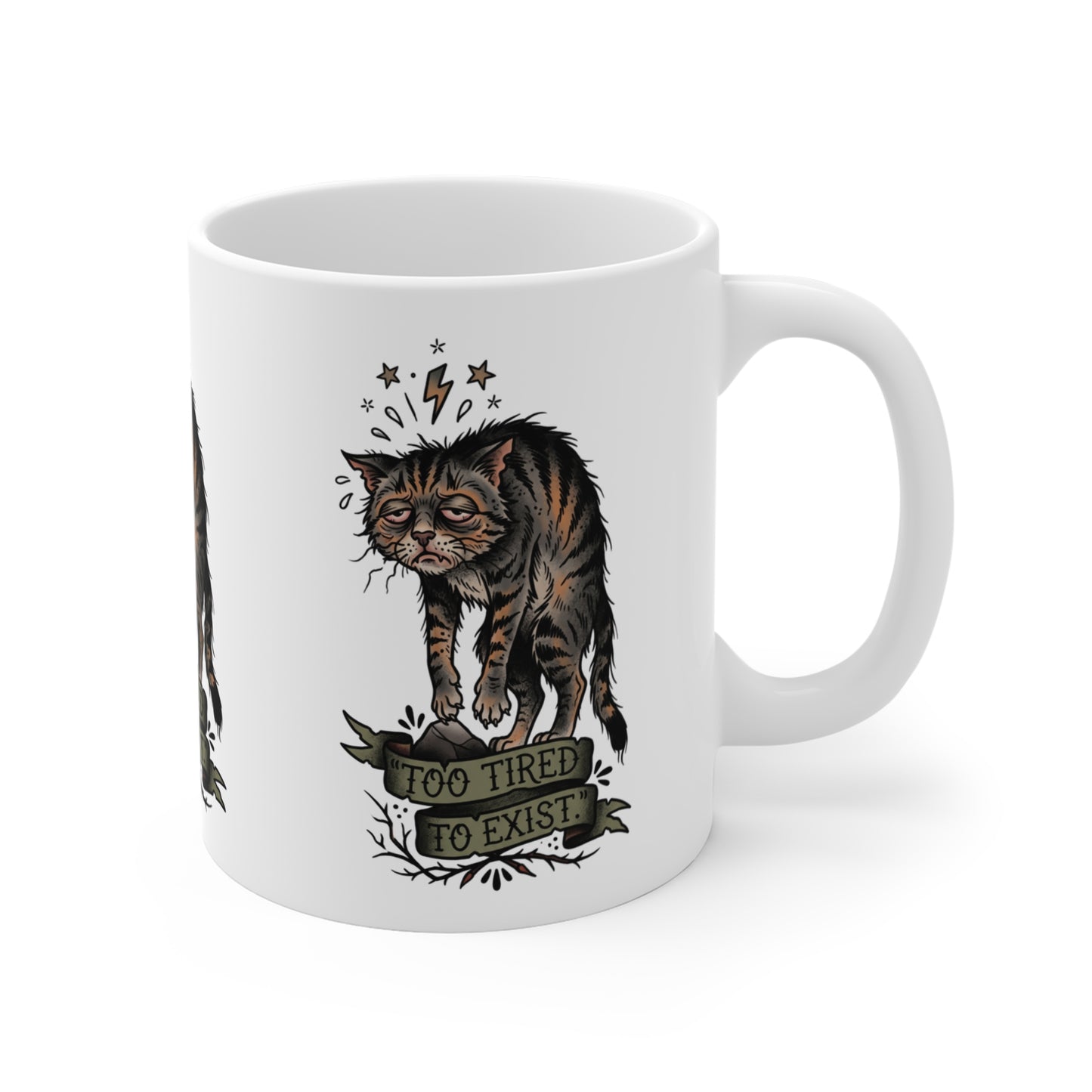 VOID - 11oz Mug — Vintage Tired Cat Illustration “Too Tired to Exist”