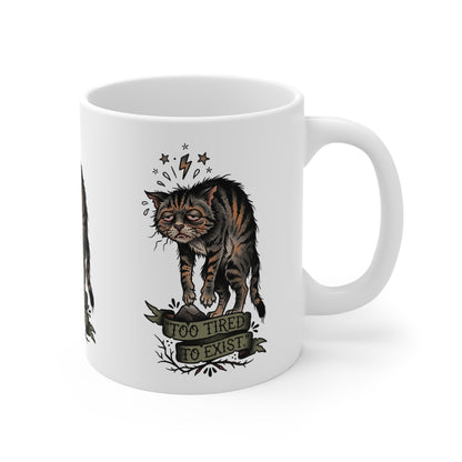 VOID - 11oz Mug — Vintage Tired Cat Illustration “Too Tired to Exist”