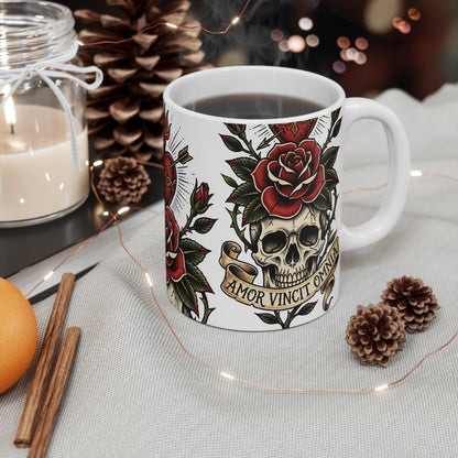AVO - V1 #1 - 11oz Mug Ambi Handle — Sacred Heart & Skull Tattoo Art with 'Amor Vincit Omnia' Banner