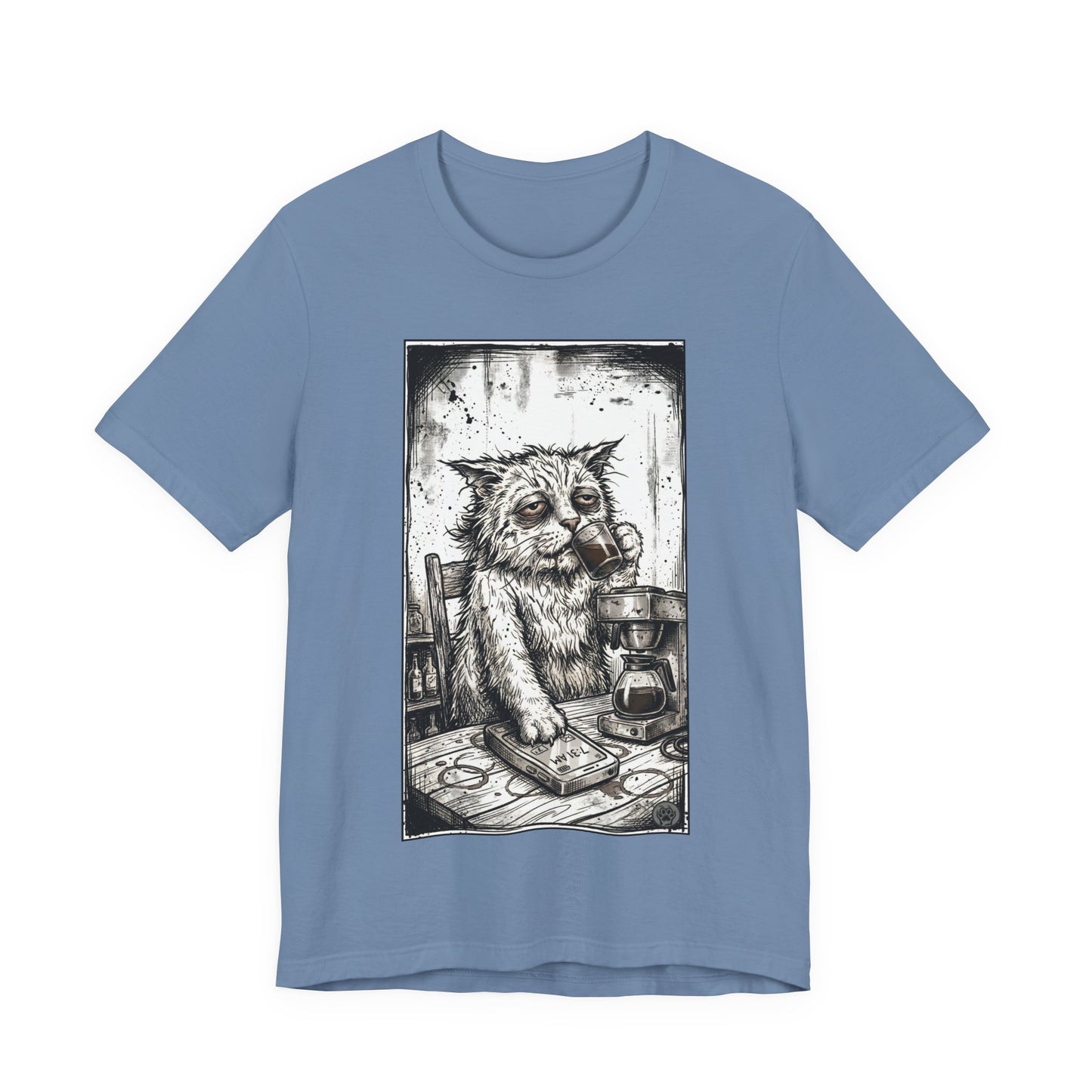 Scraps "GFM" - Cat Drinking Coffee T-Shirt — Tired Depressed Cat Graphic Tee