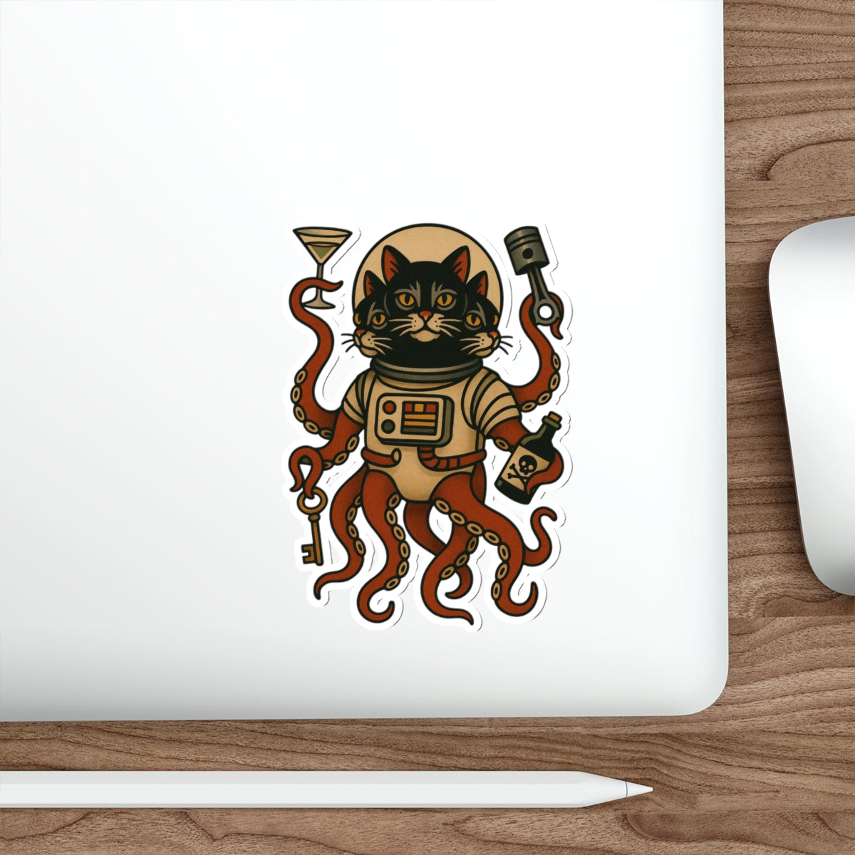 AlienCat Astronaut Vintage Tattoo Design Cat Die-Cut Sticker – Retro Space Kitty with Tentacles
