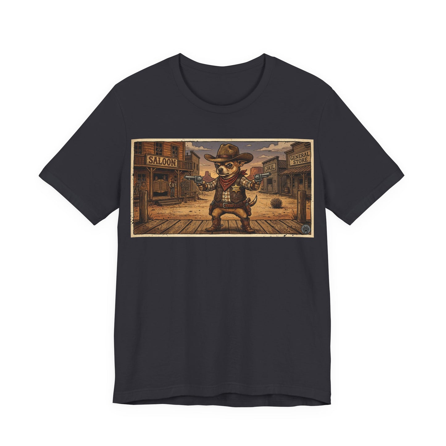 SheriffPaco - Horizontal - Western Cowboy Sheriff Chihuahua T-Shirt — Vintage Saloon Puppy Dog Graphic Tee
