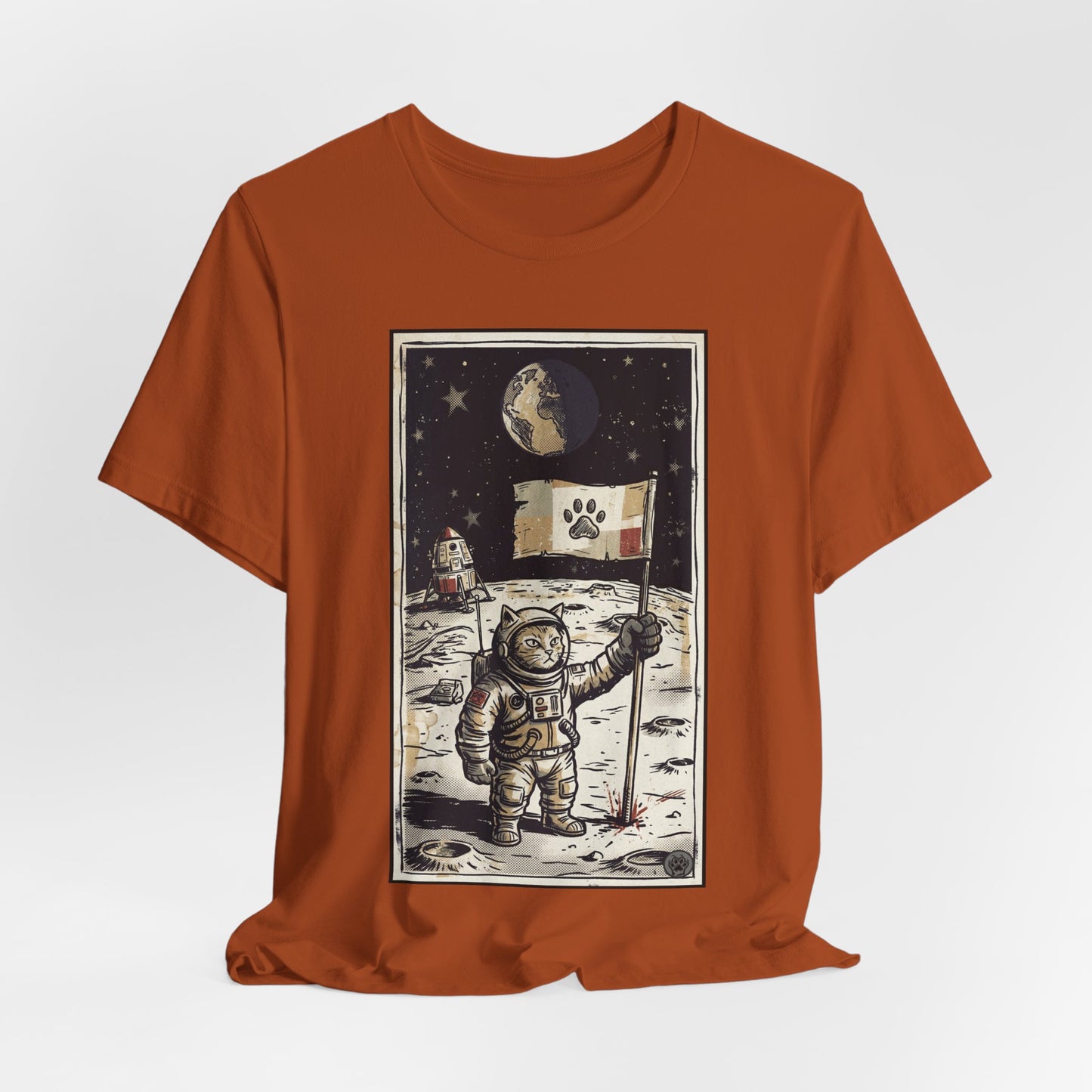SpaceCat - Conquers The Moon! - Astronaut Cat Moon T-Shirt — Vintage Styled Space Kitty Flag Tee