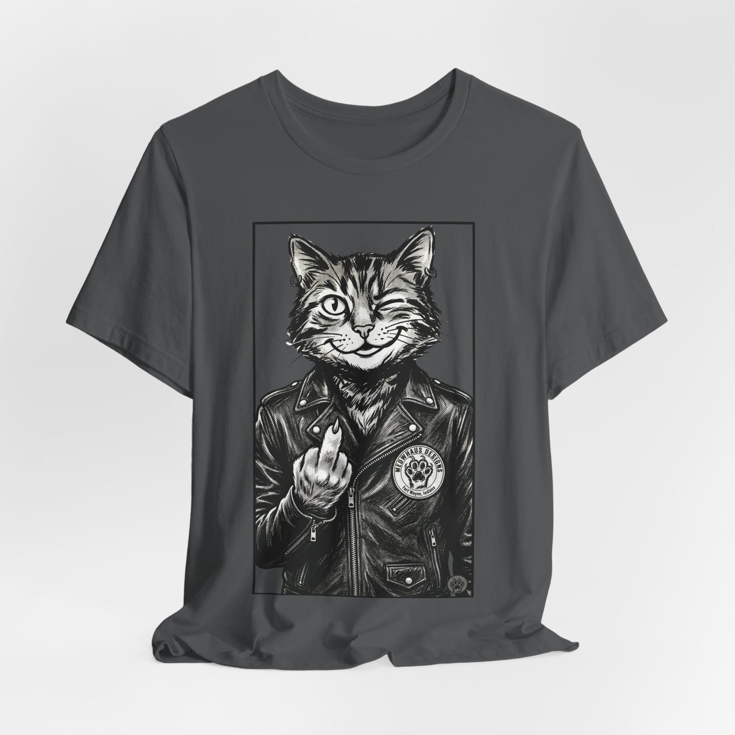 WinkyCat - Leather Jacket & Snarky Gesture - Cat Biker Tee — Grinning Cat in Leather Jacket Graphic T-Shirt