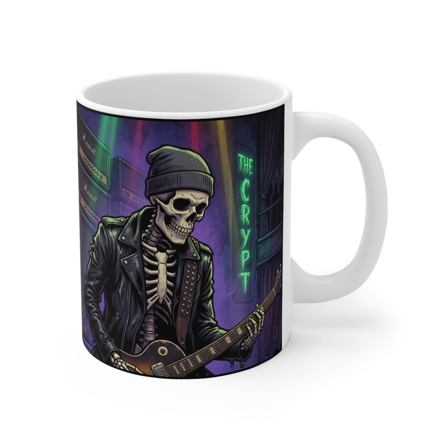 Bonesy - At The Crypt - 11oz Mug Ambi Handle - The Crypt Skeleton Rocker Mug — 11oz Gothic Skull Coffee Cup
