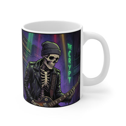 Bonesy - At The Crypt - 11oz Mug Ambi Handle - The Crypt Skeleton Rocker Mug — 11oz Gothic Skull Coffee Cup