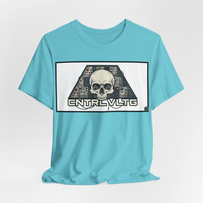 CV Control Voltage = TriBase White - Modular Synth Skull Analog Circuit Tee — “CNTRL VLTG” Retro Tech Graphic T-Shirt