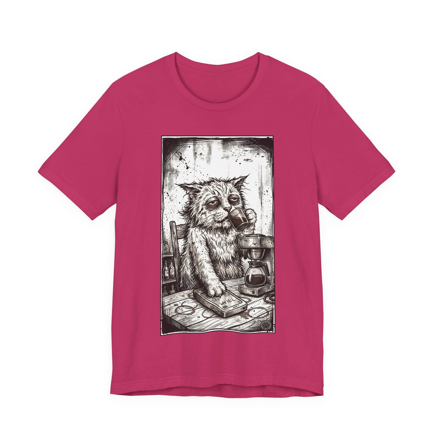 Scraps "GFM" - Cat Drinking Coffee T-Shirt — Tired Depressed Cat Graphic Tee