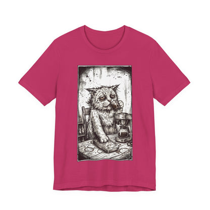 Scraps "GFM" - Cat Drinking Coffee T-Shirt — Tired Depressed Cat Graphic Tee