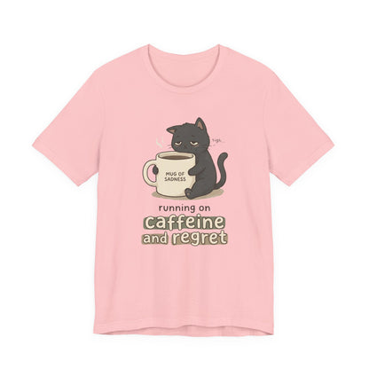 VOID - Caffeinated Cat Tee — "Running on Caffeine and Regret" Cute Coffee Cat Graphic T-Shirt