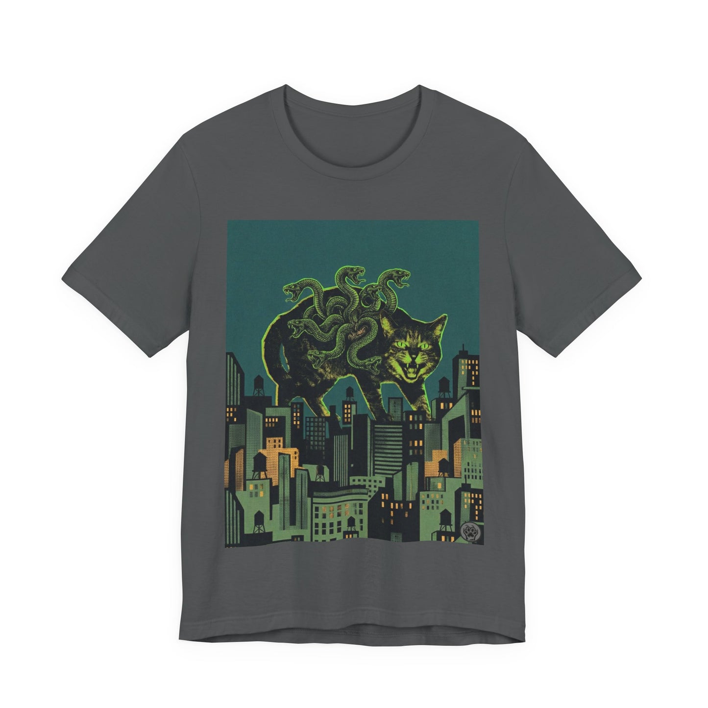 City Cat Attacks - "Inner Demons" Green Version - Poster Collage City Night Kaiju Cat T-Shirt — Neon Monster Cat Over Skyline