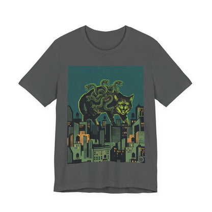 City Cat Attacks - "Inner Demons" Green Version - Poster Collage City Night Kaiju Cat T-Shirt — Neon Monster Cat Over Skyline