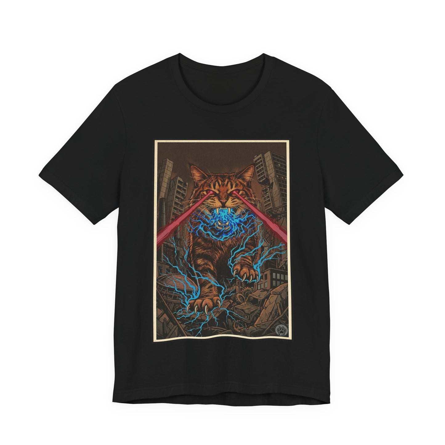 CityCat Attacks! Dark with Red Lasers - Tiger Kitty Kaiju Tee — Laser-Eyed Monster Cityscape T-Shirt