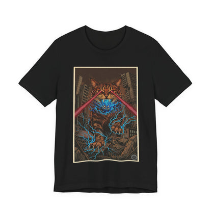CityCat Attacks! Dark with Red Lasers - Tiger Kitty Kaiju Tee — Laser-Eyed Monster Cityscape T-Shirt