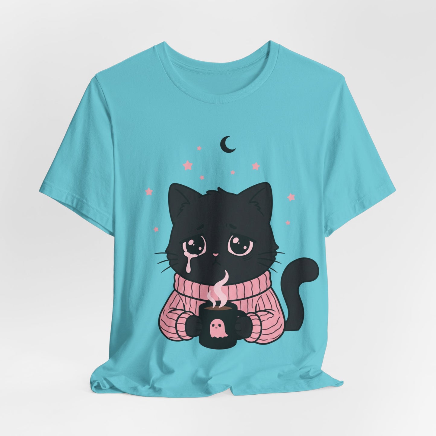 VOID - Cute Sad Black Cat Holding Hot Coffee T‑Shirt — Cozy Pink Sweater Kitty Tee