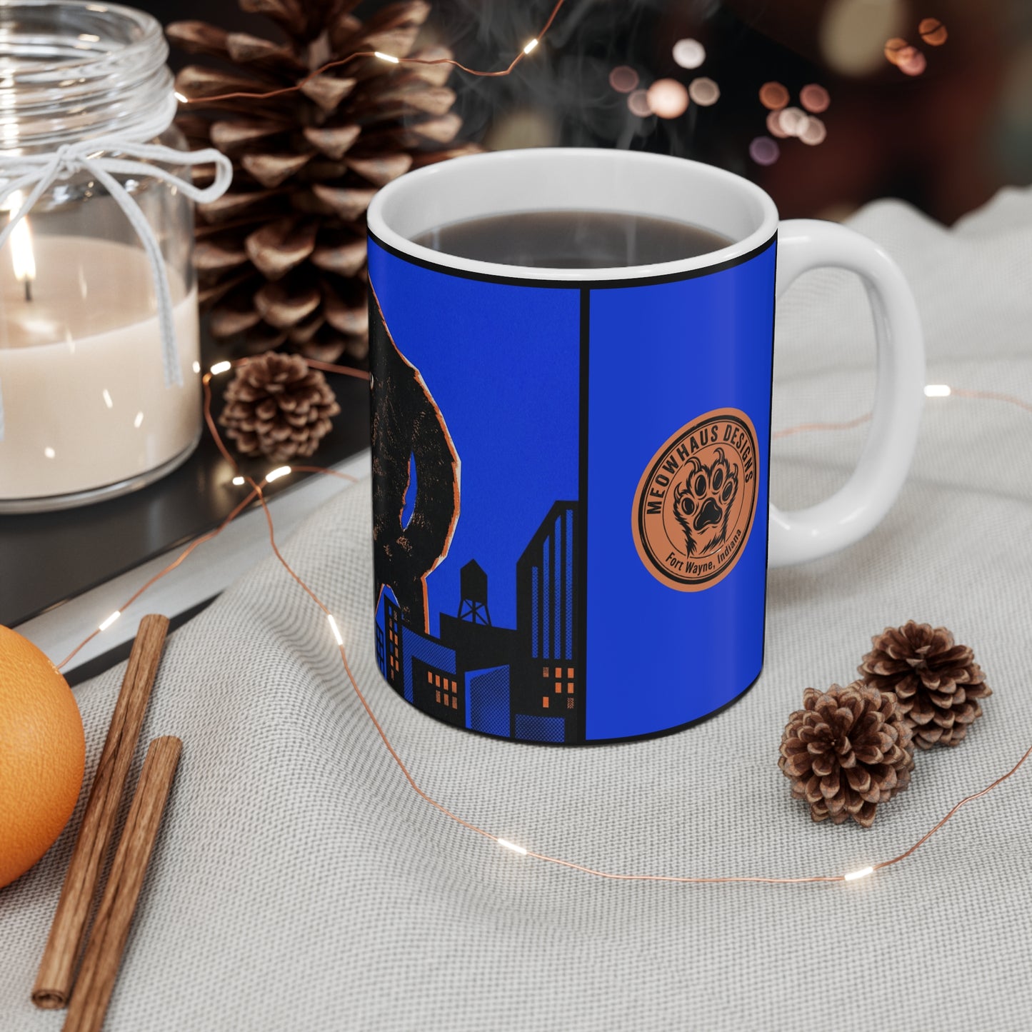 CityCat - Collage Poster Blue - 11oz Mug Left Handle - Cat Kaiju Mug — Giant Multi‑Eyed Cat Over City 11oz Coffee Cup