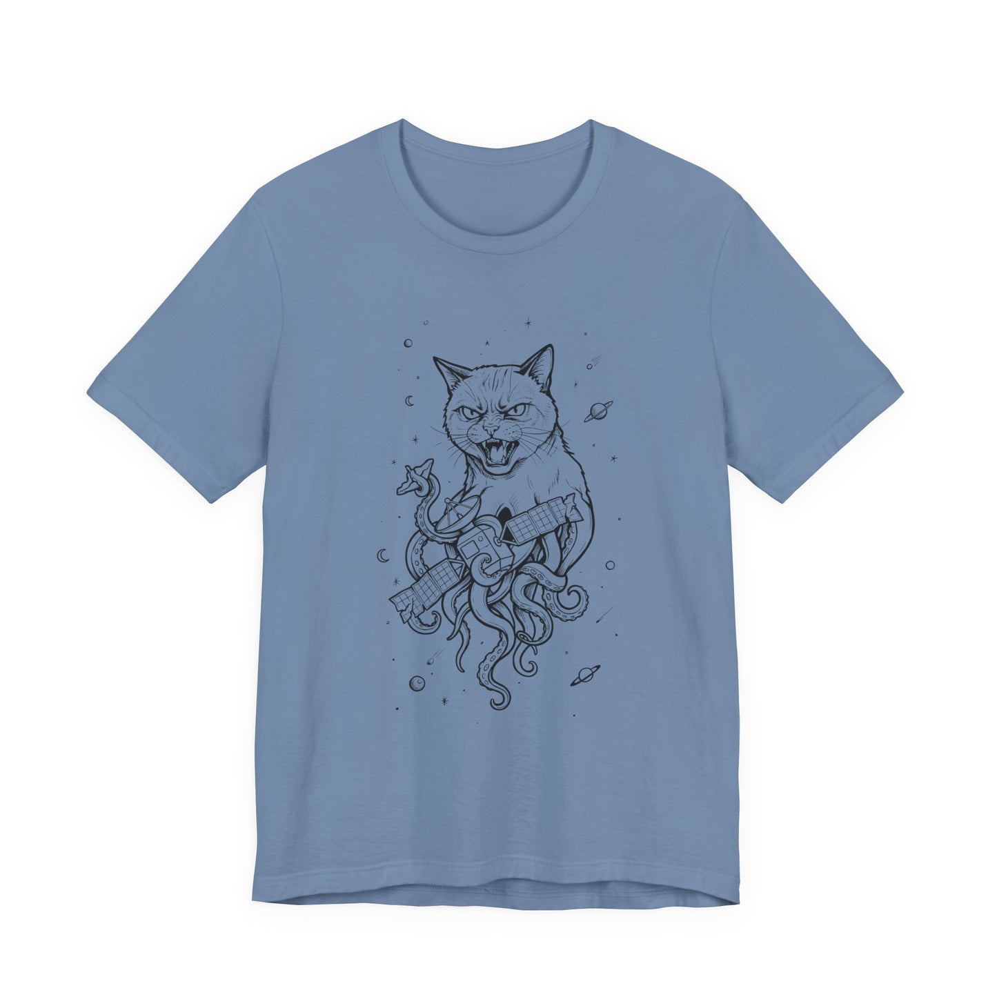 AlienCat In Space - Black Outline - Cat Kraken Illustration T-Shirt — Nautical Mythical Cat with Octopus Tentacles Tee