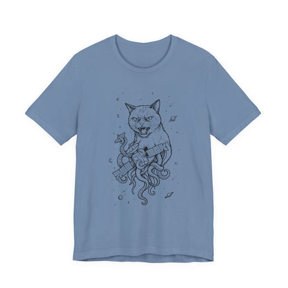 AlienCat In Space - Black Outline - Cat Kraken Illustration T-Shirt — Nautical Mythical Cat with Octopus Tentacles Tee
