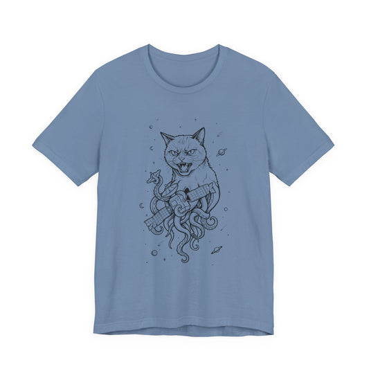 AlienCat In Space - Black Outline - Cat Kraken Illustration T-Shirt — Nautical Mythical Cat with Octopus Tentacles Tee