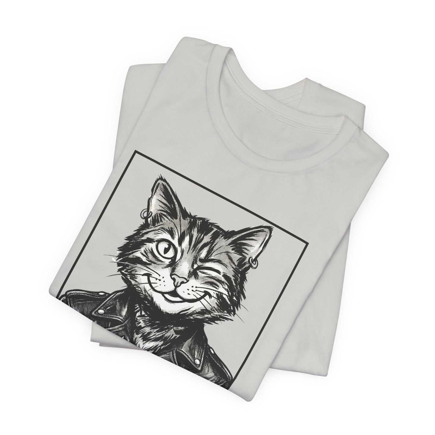 WinkyCat - Leather Jacket & Snarky Gesture - Cat Biker Tee — Grinning Cat in Leather Jacket Graphic T-Shirt