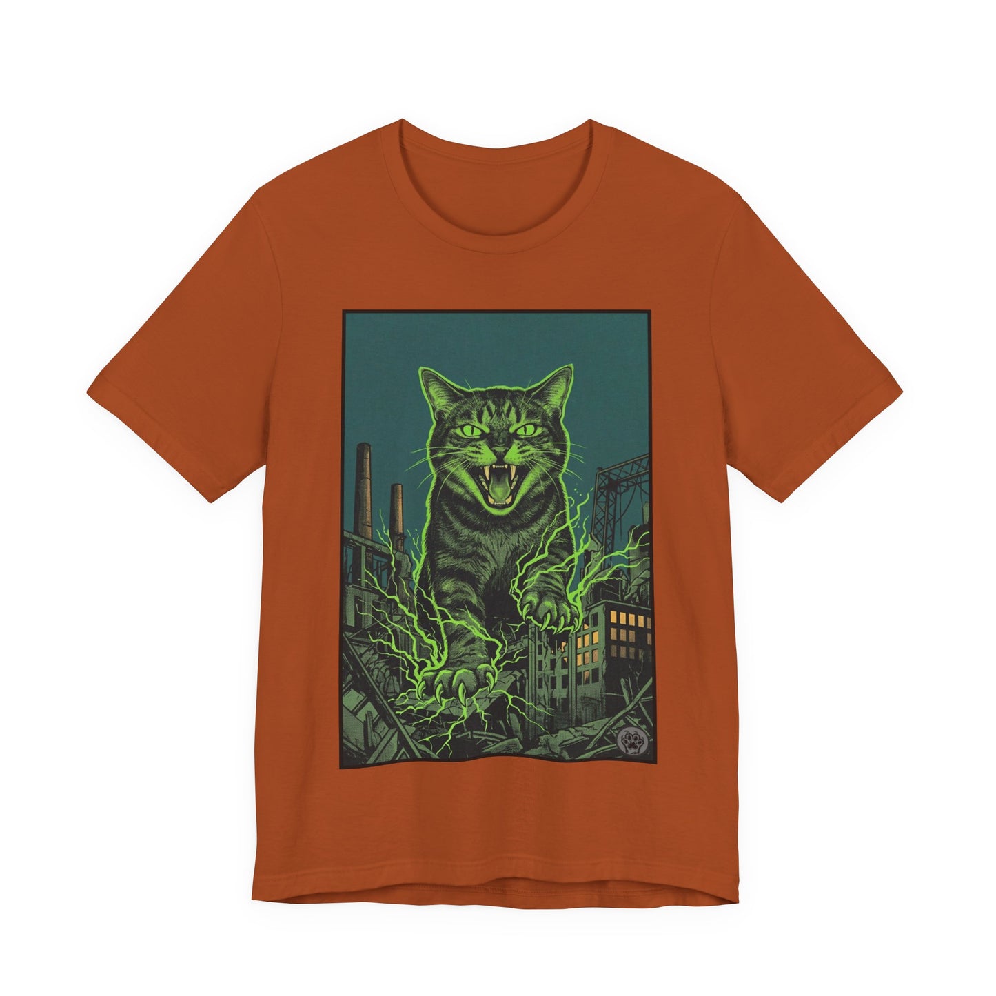 City Cat Attacks!  Green Electricity Giant Neon Cat Rampage T‑Shirt — Retro Monster City Graphic Tee