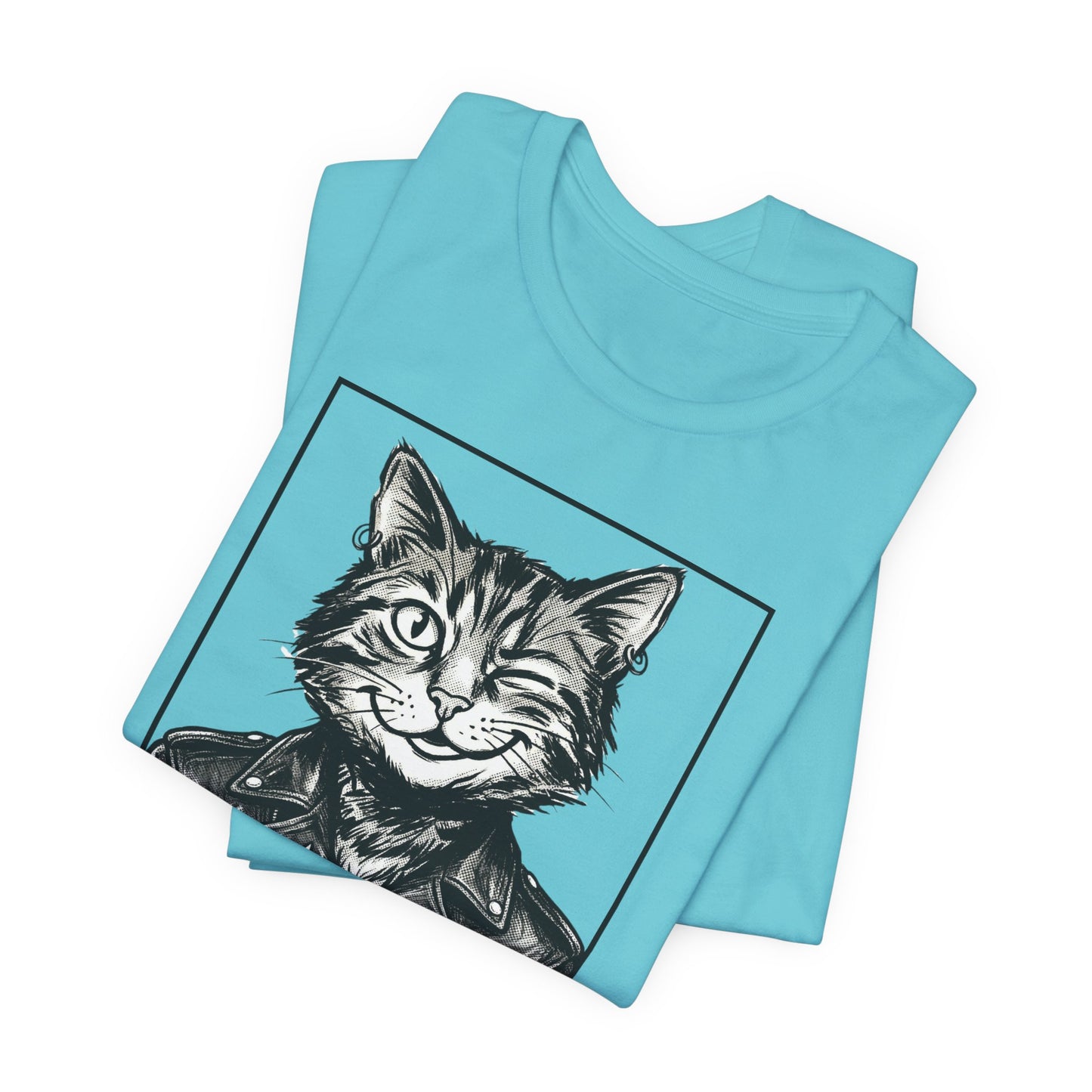 WinkyCat - Leather Jacket & Snarky Gesture - Cat Biker Tee — Grinning Cat in Leather Jacket Graphic T-Shirt